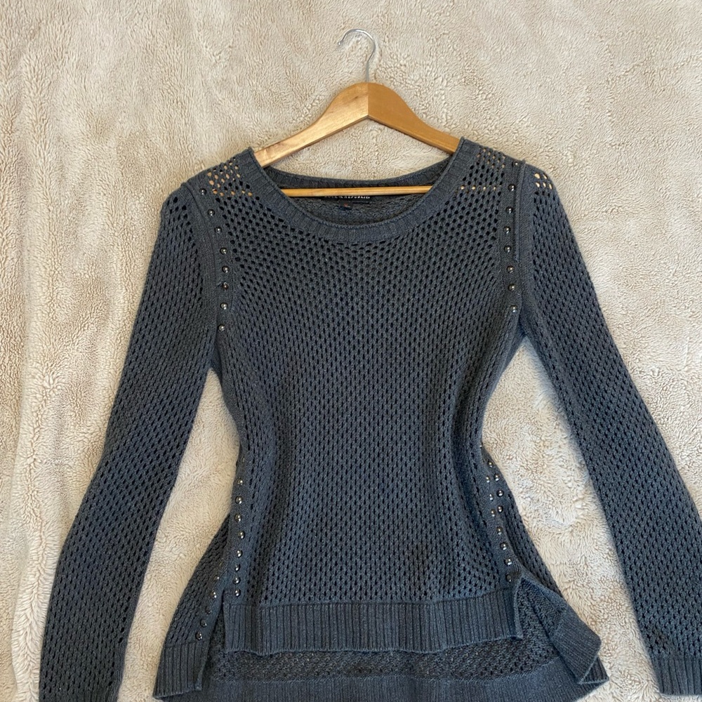 Grey Crochet Woman’s Sweater with Bronze Embellishments